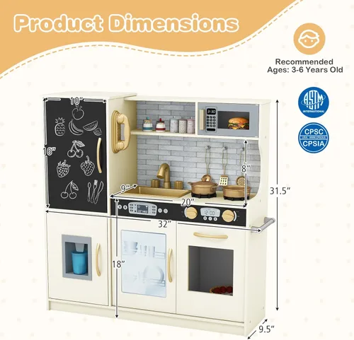Miniatura 8 de Play Kitchen, juguete de cocina de madera para niños con microondas, nevera, horno fácil de hornear, pizarra y máquina de hielo, juguetes de cocina