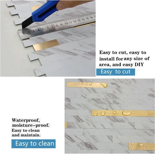 Miniatura 3 de Azulejo contra salpicaduras de 10 hojas, azulejos de metal mixto de PVC para cocina (mármol blanco + dorado 2, 10)