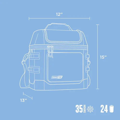 Miniatura 7 de Coleman Pro Hielera Suave Premium para 24 Latas, Tapa y Cuerpo Completamente Aislados se Mantiene Frío hasta 35 Horas, Excelente para Acampar, azul