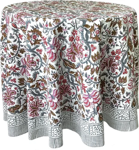 Miniatura 41 de ATOSII Mantel Redondo Bohemio Jade de Algodón 100%, Mantel de Lino con Estampado Floral de Bloques para Comedor, Fiestas, Bodas, Exteriores I