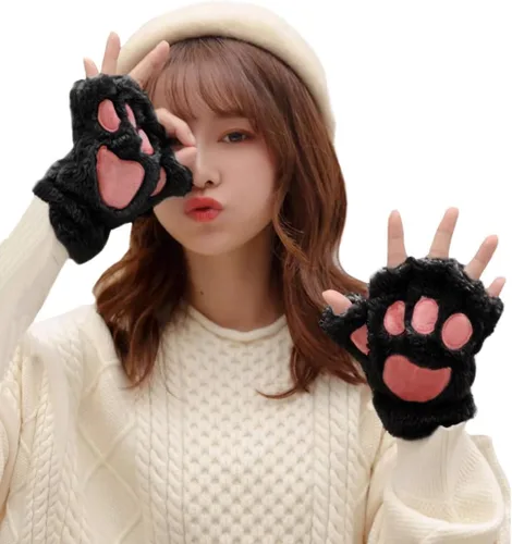 Miniatura 4 de PENINSULA LOVE Guantes de pata de gato, guantes de felpa cálidos para cosplay, guantes de animal de garra de oso, guantes de punto sin dedos