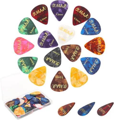 Miniatura 7 de 60 piezas de púas para guitarra, 3 diferentes grosores de púas de celuloide coloridas con arte abstracto para bajo, eléctrica, acústica. Regalos