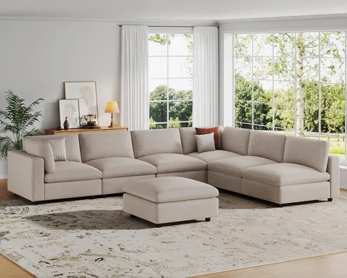 Miniatura 17 de VANOMi Sofá modular, cómodo sofá con marco de madera maciza de 3 asientos, sofá moderno certificado FSC para sala de estar, beige