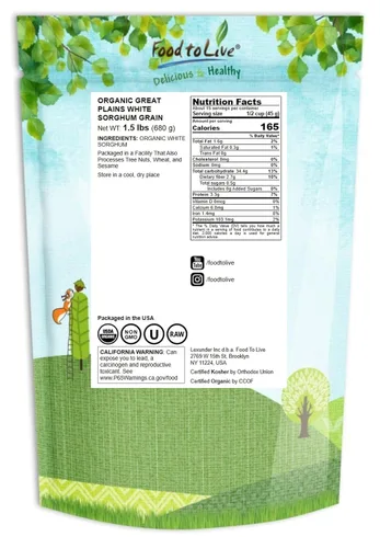 Miniatura 2 de Food to Live Grano orgánico de sorgo blanco de Great Plains, 1.5 libras, granos antiguos enteros. Alto en fibra. Sin OMG. Semillas de milo. Veganas