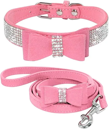 Miniatura 9 de Beirui Collar de piel con diamantes de imitación para perro y gato, con diamantes de cristal brillantes y tachuelas, bonito lazo doble para Rosa