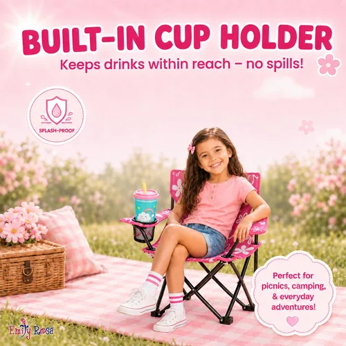 Miniatura 5 de Emily Rose Silla de campamento de playa plegable rosa para niños con portavasos, bloqueo de seguridad y funda de transporte, silla para niñas de 2 a