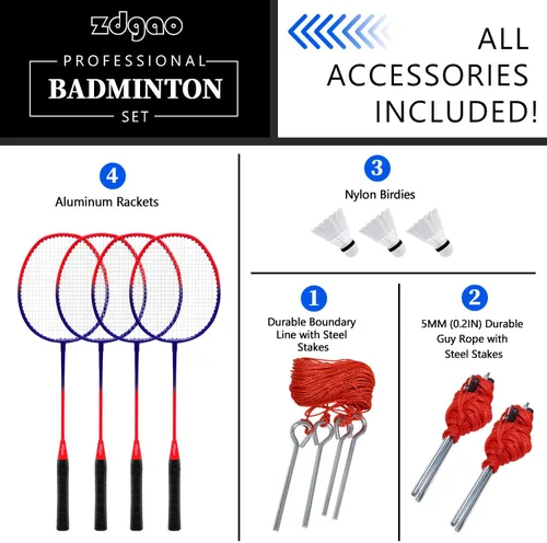 Miniatura 2 de Zdgao Juegos de bádminton para patio trasero, red de bádminton portátil con ajustador de tensión, juego de 4 raquetas de bádminton, 3 volantes
