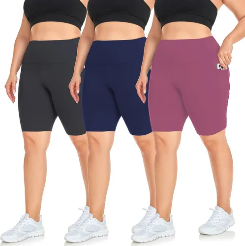 Hi Clasmix Paquete de 3 pantalones cortos de ciclismo de talla grande para mujer (1X-4X), cintura alta, no se transparentan, pantalones cortos de