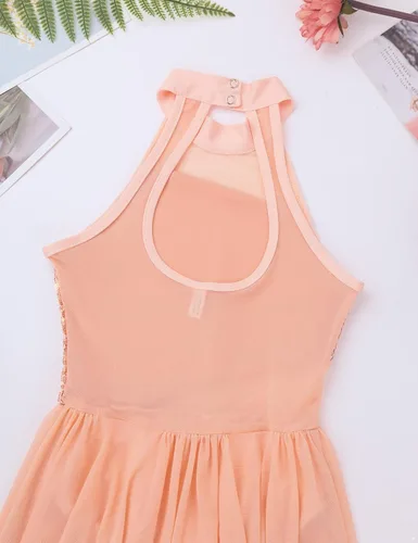 Miniatura 9 de YiZYiF Vestido de baile de lentejuelas para niños y niñas, leotardo de ballet, cuello alto, vestido lírico, traje de rendimiento irregular