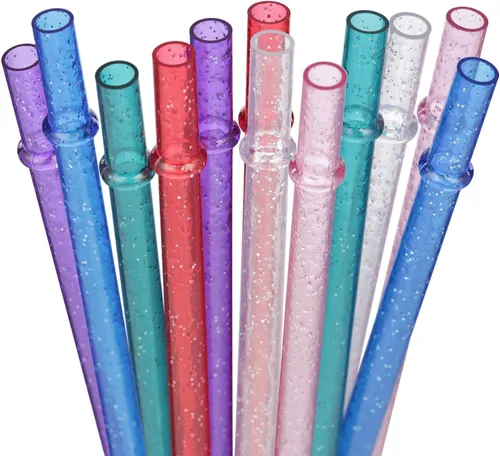 Miniatura 9 de Dakoufish Sin BPA 12 Piezas Pajitas Reutilizables de Plástico Transparente con Purpurina de 11 Pulgadas Más un Cepillo de Limpieza