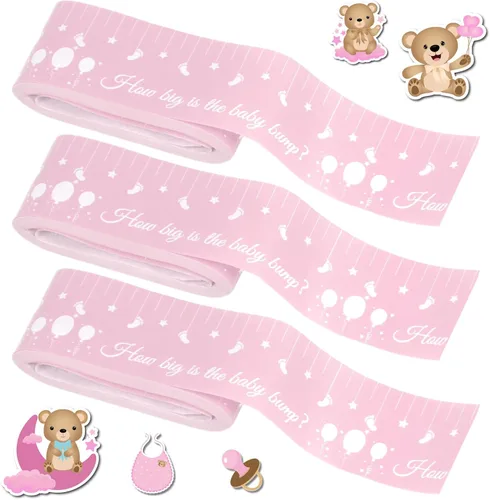 Miniatura 8 de Juegos de baby shower para género neutro How Big is Mommys Belly Tape de 150 pies de medida Cinta métrica de vientre embarazada oso Baby Shower Azul