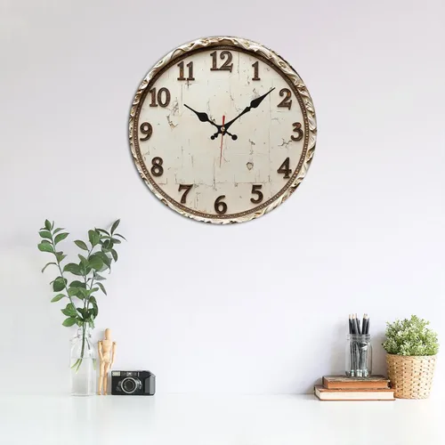 Miniatura 3 de Reloj de pared de madera envejecida blanco vintage con números tallados 9.8x9.8 in