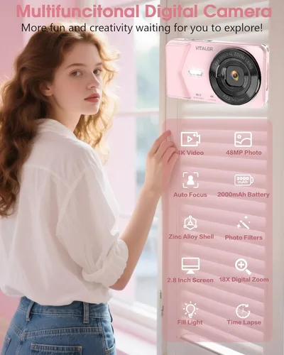 Miniatura 3 de Cámara digital, cámara de enfoque automático de 48 MP, cámara 4K para fotografía con tarjeta de 32 GB, cámara digital compacta portátil de punto