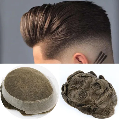 Miniatura 7 de SIMBEAUTY Encaje francés con base australiana con poliuretano alrededor de los hombres, peluca de cabello humano cómoda onda, sistema de reemplazo