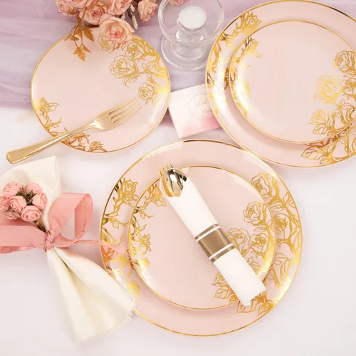 Miniatura 7 de DaYammi Juego de 210 platos de plástico rosa, juego de vajilla desechable floral dorado rosa, 30 platos llanos, 30 platos de ensalada, 30