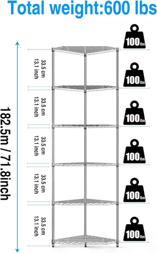 Miniatura 3 de Estantería de alambre de esquina de metal NSF de 6 niveles, capacidad de 600 libras, ajustable, con pies niveladores y revestimientos de estantes