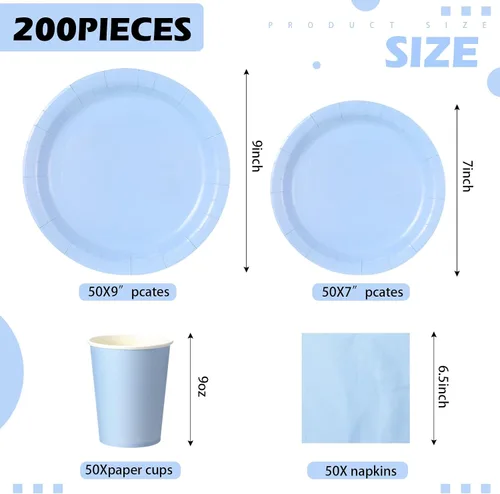 Miniatura 2 de Tioncy 200 platos de papel desechables azules y servilletas, suministros para fiesta de graduación para 50 invitados, juego de vajilla de papel
