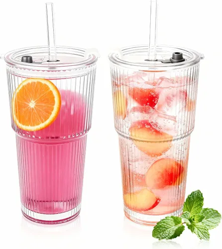 Miniatura 8 de 20oz Clear Glass Cups with Lids and Straws, Reusable Iced Coffee Cups, Drinking Tumblers for Cocktail Beer, Juice, Smoothie, Water, Party Gifts