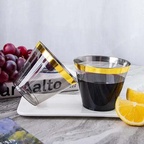 Miniatura 6 de Superrnal 100 piezas Vasos de Plástico Dorados y Negros 9OZ Elegantes Vasos Transparentes con Borde Dorado para Fiestas Vasos Desechables Elegantes