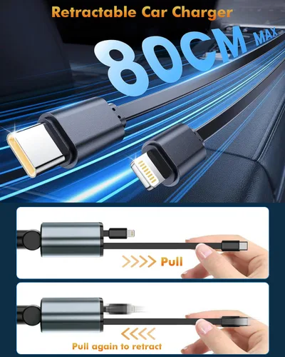 Miniatura 4 de Cargador de Coche Retráctil, Adaptador de Cargador de Coche iPhone 16 15 de 66W 4 en 1 con 2 Cables de Cargador iPhone Retráctiles