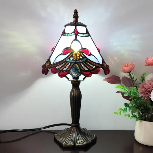 Miniatura 12 de Tiffany - Lámpara de mesa con perlas rojas, estilo barroco, vitral, luz de escritorio, pequeña lámpara de noche estilo Tiffany con bombilla LED
