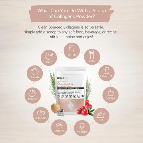 Miniatura 4 de Polvo de péptidos de colágeno Organixx con vitamina C, tipos I, II, III, V, X de colágeno hidrolizado, para la salud del cabello, uñas, piel, huesos