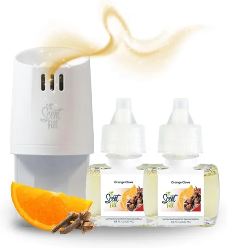 Scent Fill Ambientador Enchufable de Naranja y Clavo, Repuestos de Aceite Perfumado, 2 Repuestos + Difusor