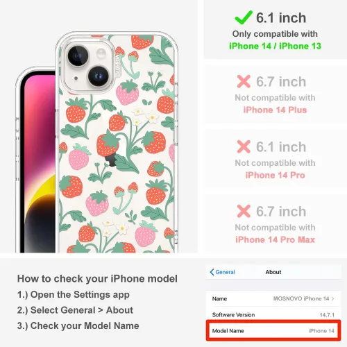 Miniatura 2 de MOSNOVO Funda para iPhone 13/14, grado militar, probada en caídas de 6.6 pies, transparente con diseño de jardín de fresas Claro - Jardín de fresas