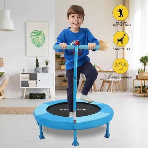 Miniatura 8 de SkyBound Trampolín interior de 36 pulgadas para niños – Trampolín interior para niños con mango – Trampolín para niños pequeños con tubo de acero