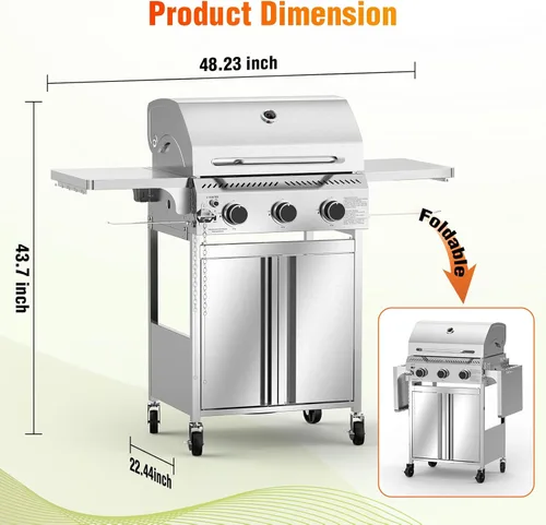 Miniatura 6 de Electactic G31 Parrilla de gas, parrilla de gas de 3 quemadores con mesas laterales plegables, parrilla BBQ de acero inoxidable de 24,000 BTU