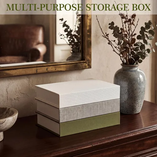 Miniatura 4 de Tioncy Caja de libros falsos de lino neutro, 3 piezas, decoración de imitación para decoración del hogar, estantes, mesa, tarjetas, fotos, regalo