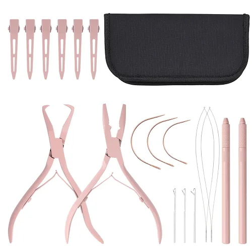Miniatura 10 de Kit de herramientas de extensión de cabello, alicates de acero inoxidable de color tostado, micro cuentas, gancho removedor de bucle, clips