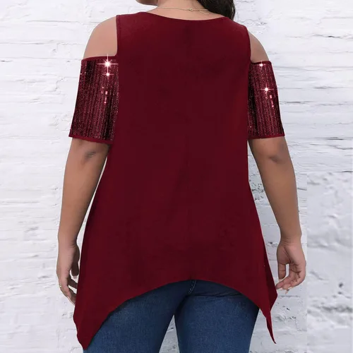 Miniatura 5 de Blusa de manga corta con hombros descubiertos y talla grande, con lentejuelas brillantes y empalme de moda, con dobladillo de pañuelo