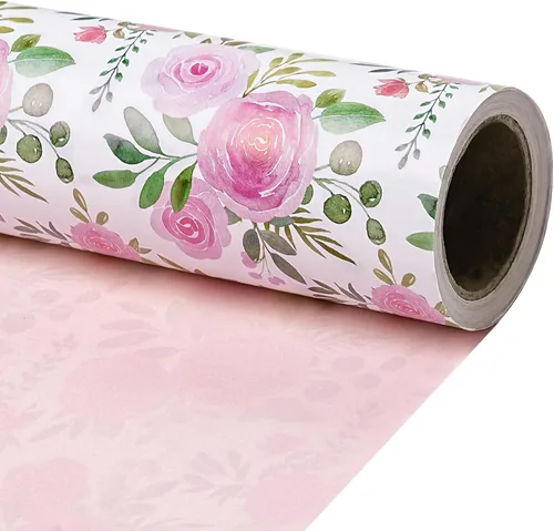Miniatura 8 de RUSPEPA Papel de regalo reversible floral para niñas y mujeres, mini rollo, acuarela azul floral y azul sólido papel de regalo para cumpleaños, Rosa