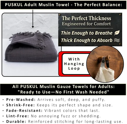 Miniatura 7 de PÜSKÜL - Toalla de baño de muselina de gran tamaño de 2 piezas para adultos, toallas de baño extra grandes de 35 x 70 pulgadas, 100% algodón turco