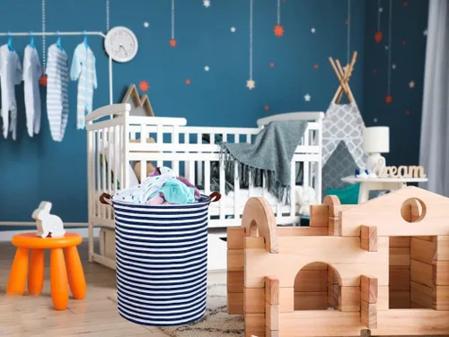 Miniatura 2 de ESSME Paquete de 2 cestas de lavandería para niños, canasta de almacenamiento plegable con revestimiento de polietileno impermeable, cesta de tela