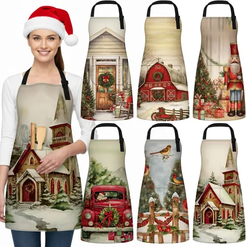 Miniatura 10 de 6 Pcs Christmas Aprons for Women Xmas Tree Aprons with Pockets Vintage Adjustable Baking Supplies for Adults