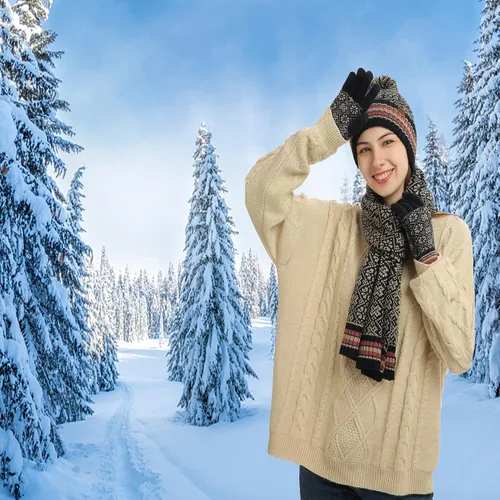Miniatura 2 de 3 piezas de gorro de invierno bufanda y guantes para pantalla táctil para mujer, gorro de punto, gorro de cuello cálido, bufanda con forro polar