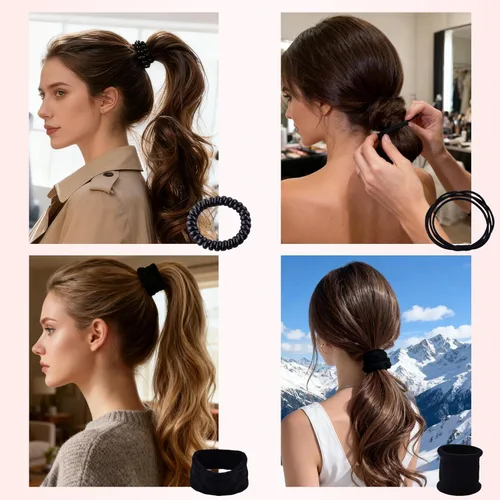 Miniatura 4 de 110 ligas negras para el cabello de varios estilos para mujeres, ligas elásticas para el cabello sin daños, soporte para cola de caballo