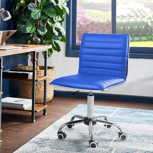 Miniatura 6 de JUMMICO Silla de oficina de tocador sin brazos con ruedas, pequeña y bonita silla de escritorio de maquillaje de cuero acanalado giratoria para Azul