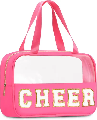 Miniatura 22 de BuyCard Bolsas de Viaje Transparentes con Parche de Letra de Chenilla, Bolsa de Maquillaje Preppy de PVC y Nylon con Asa y Cremallera, Bolsa