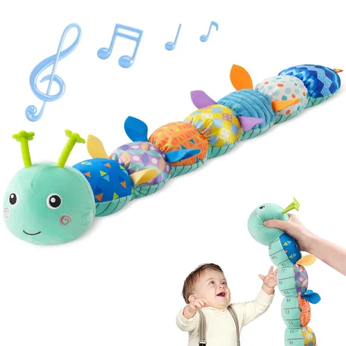 Sumobaby Juguetes musicales para bebés, oruga de peluche con mordedor, arrugado multisensorial, sonajero y texturas, para el tiempo boca abajo, Azul