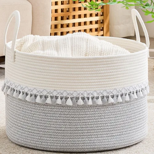 Miniatura 22 de KAKAMAY Cesta grande para manta (20 x 13 pulgadas), cestas tejidas para almacenamiento de ropa sucia de bebé, canasta de manta de cuerda de algodón