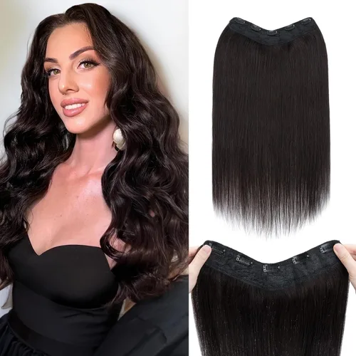 Benehair Extensiones de cabello humano real de una pieza con clip, 3/4, cabeza completa, en forma de V, trama más gruesa, malla de encaje, Negro