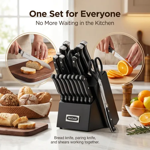 Miniatura 7 de McCook® Juego de cuchillos negros, juego de cuchillos de cocina forjados de acero inoxidable alemán con afilador de cuchillos integrado Negro/Negro