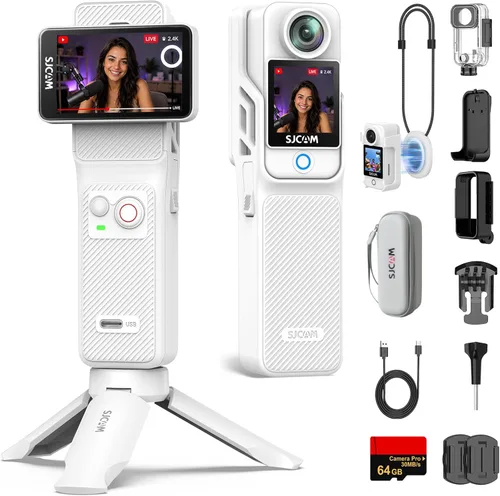 SJCAM C400 4K Travel Vlogging Cámara con tarjeta de 64 GB, cámara corporal de grabación 7H para creadores de YouTube, estabilizador de 6 ejes y