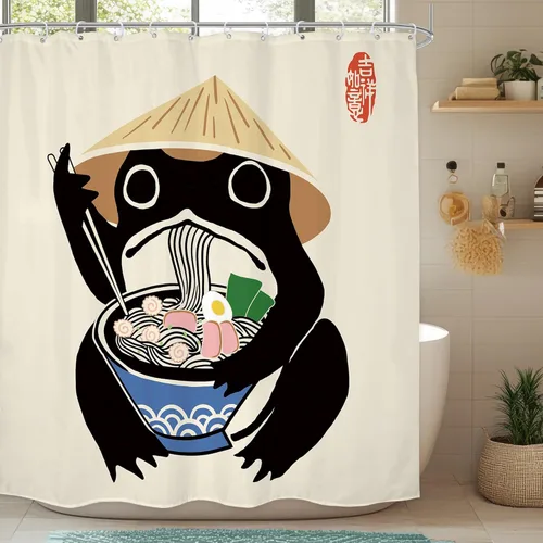 Miniatura 36 de Juego Divertido de Cortina de Rana Retro para Ducha, Juego de Baño 48x71 Pulgadas, Estilo Asiático Lindo, Arte Japonés Tradicional de Pato de Goma