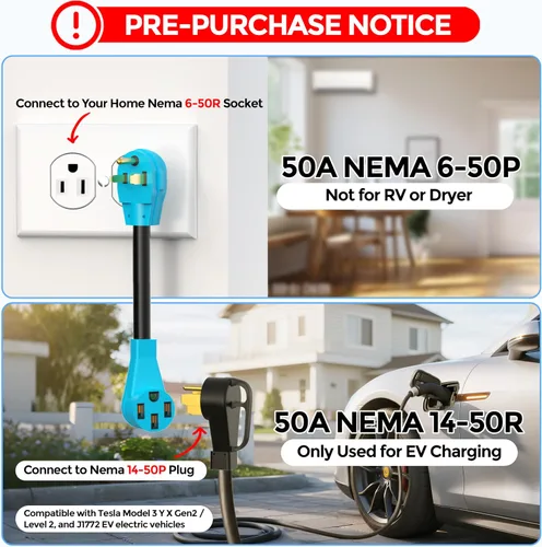 Miniatura 2 de CircleCord Cable adaptador de cargador NEMA 6-50P a 14-50R EV para carga EV de nivel 2, diseño doblado de 180 grados con mango de agarre, calibre 6
