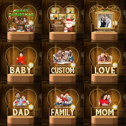 Miniatura 6 de Marco de fotos de corazón personalizado, luz nocturna, lámpara de cristal, texto de imagen personalizada, luz cálida, regalo personalizado