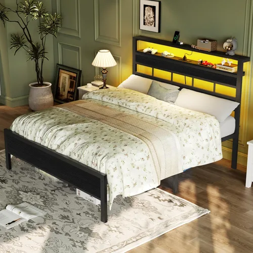 Miniatura 4 de Furnulem Base de cama de tamaño matrimonial con luz LED y estación de carga, cabecera de almacenamiento de madera con estantes de 2 niveles, cama